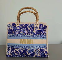 Blue Floral Customizable Beaded Tote Bag